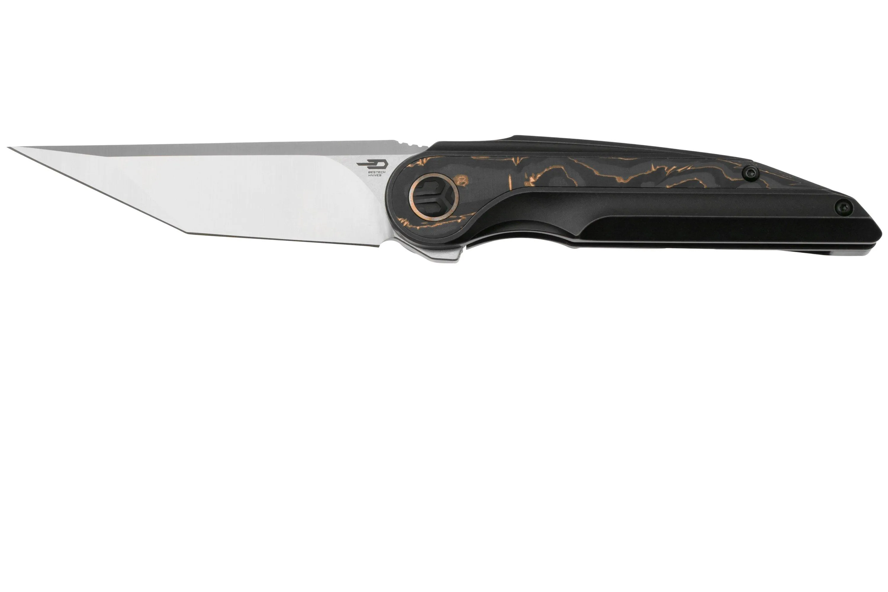 Bestech Blind Fury BT2303B M390 Satin, Titanium, Copper Carbon Fiber navaja, diseño Kombou