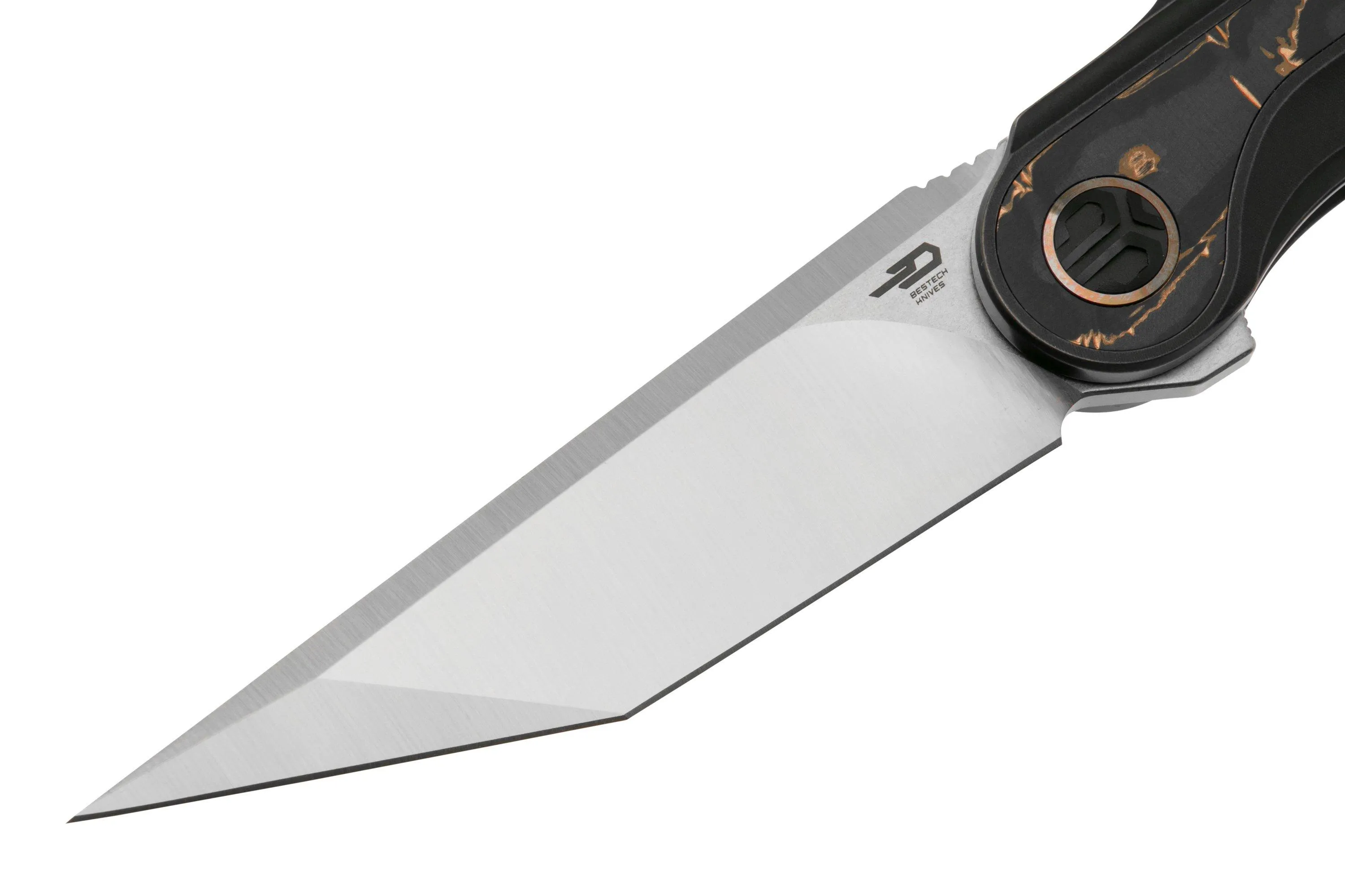 Bestech Blind Fury BT2303B M390 Satin, Titanium, Copper Carbon Fiber navaja, diseño Kombou