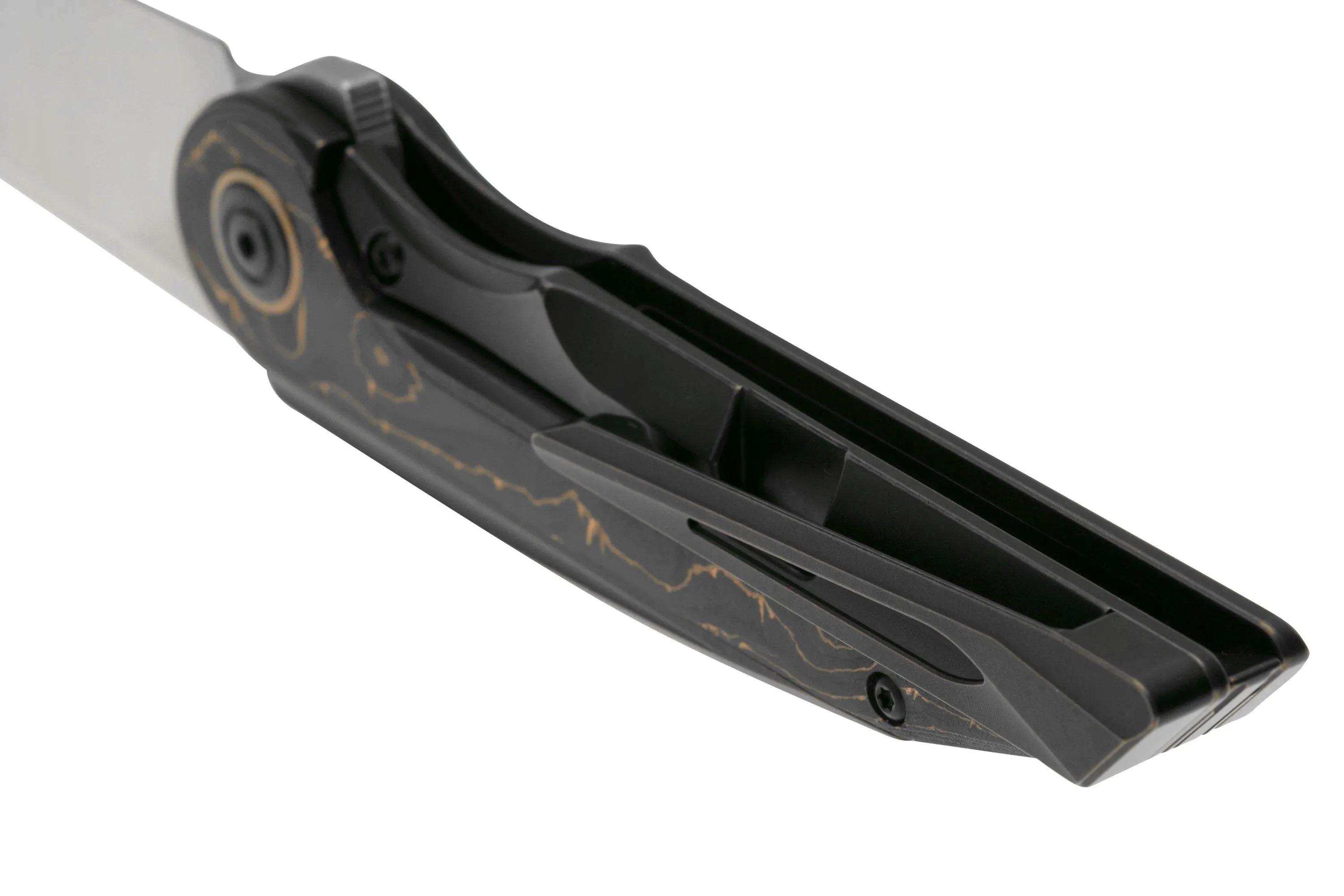 Bestech Blind Fury BT2303B M390 Satin, Titanium, Copper Carbon Fiber navaja, diseño Kombou