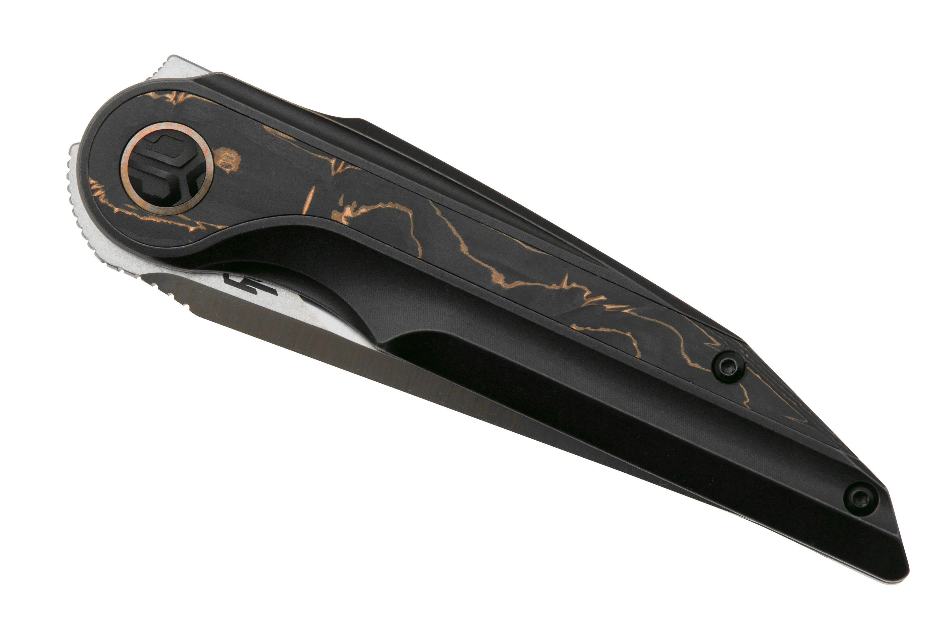 Bestech Blind Fury BT2303B M390 Satin, Titanium, Copper Carbon Fiber navaja, diseño Kombou