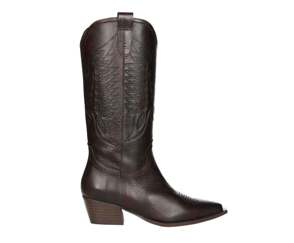 Bota Tejana Piel Marron Media CaÑa Tacon Bajo