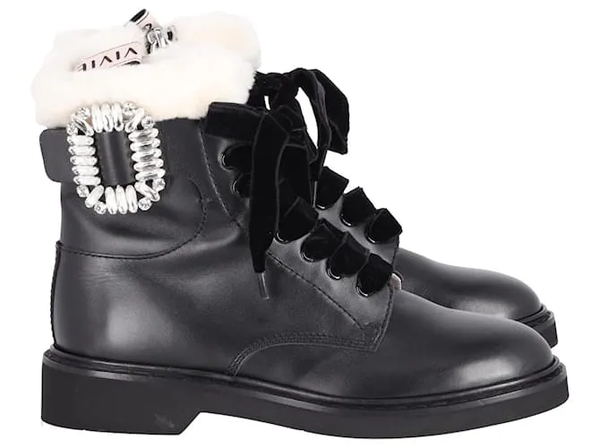 Botines de cuero negro con adornos de cristal y forro de piel de oveja Ranger de Roger Vivier 