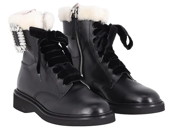 Botines de cuero negro con adornos de cristal y forro de piel de oveja Ranger de Roger Vivier 