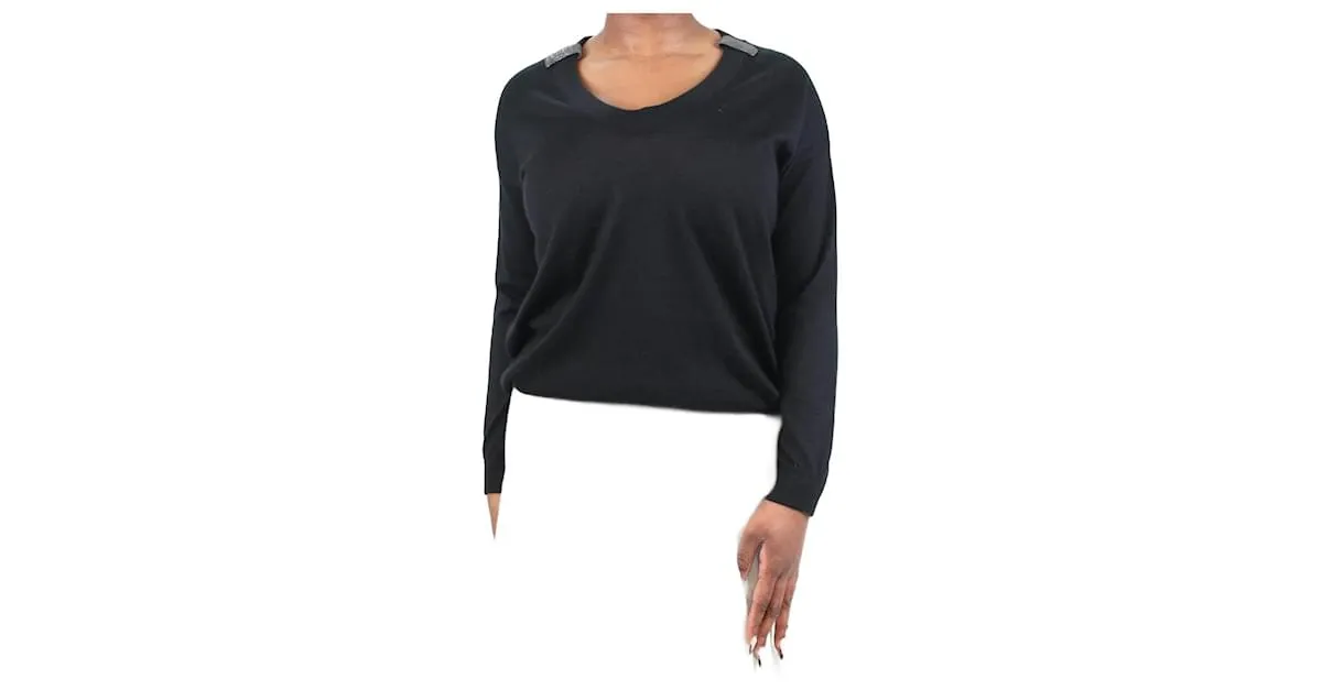 BRUNELLO CUCINELLI JERSEY NEGRO DE MEZCLA DE CACHEMIR CON PEDRERíA  TALLA M 