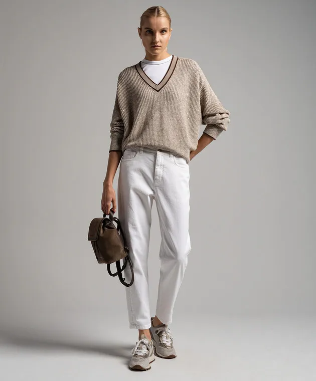 BRUNELLO CUCINELLI WHITE TSHIRT WITH A SCAR WITH A MONIL CHAIN