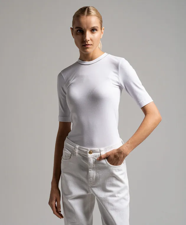 BRUNELLO CUCINELLI WHITE TSHIRT WITH A SCAR WITH A MONIL CHAIN