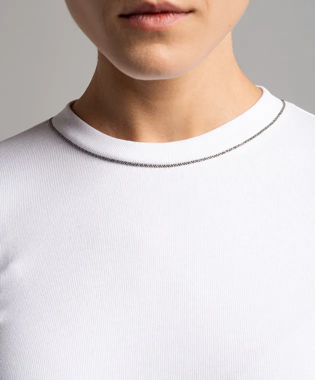 BRUNELLO CUCINELLI WHITE TSHIRT WITH A SCAR WITH A MONIL CHAIN