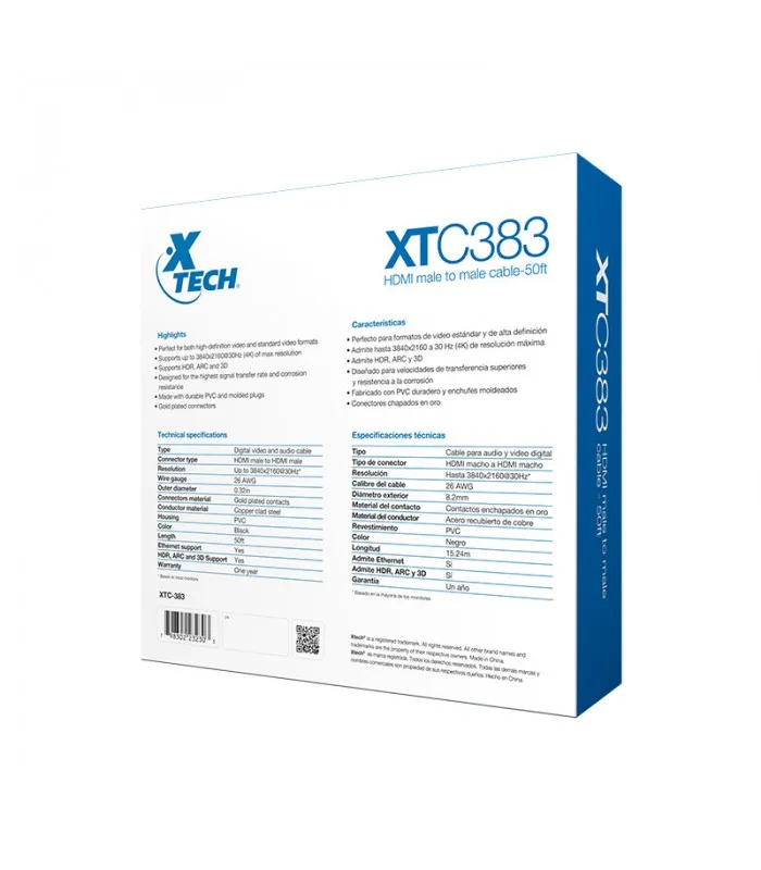 CABLE XTECH XTC383 15.24M 50FT HDMI M/M 26AWG 4K NEGRO