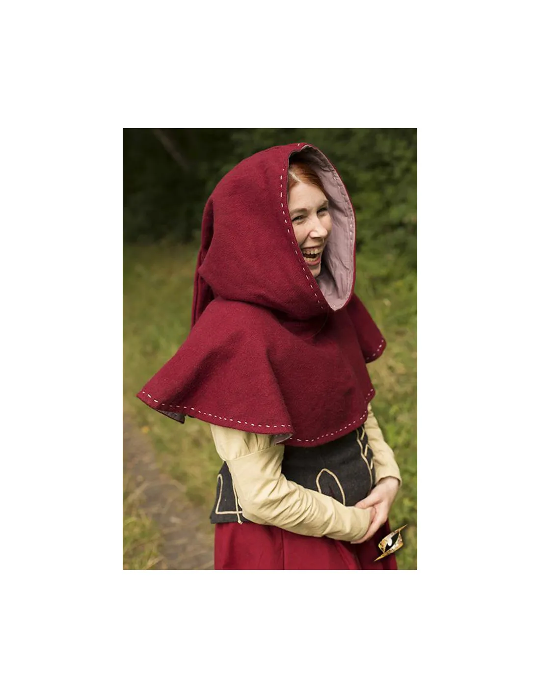 Capucha medieval con cubrehombros, color rojo oscuro
