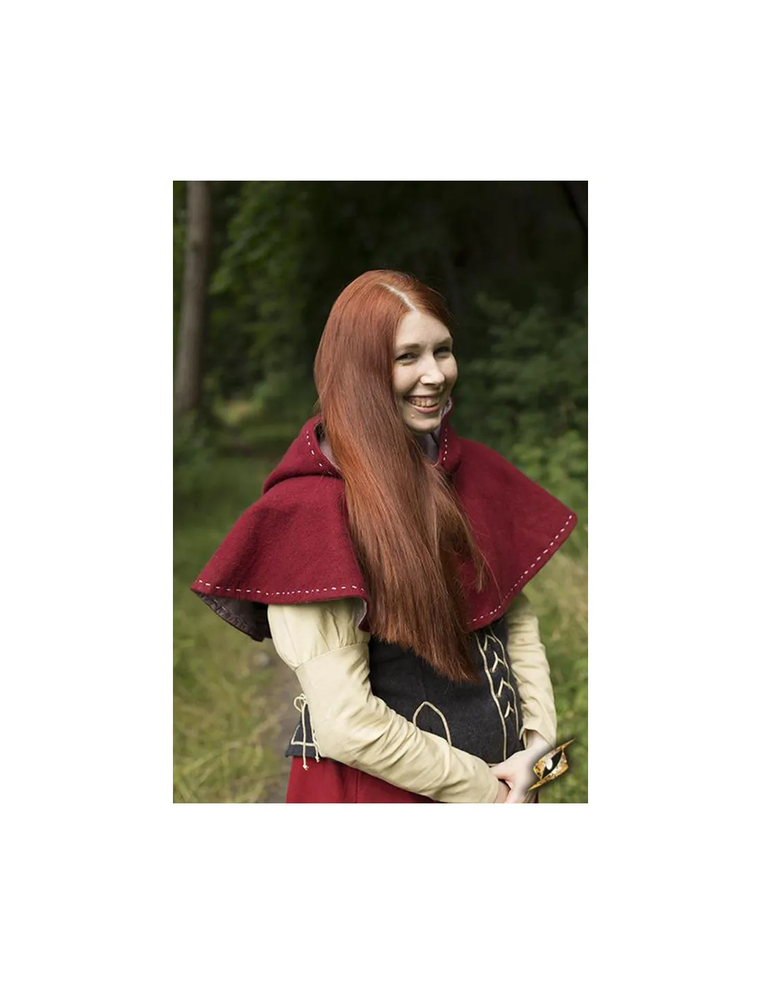 Capucha medieval con cubrehombros, color rojo oscuro