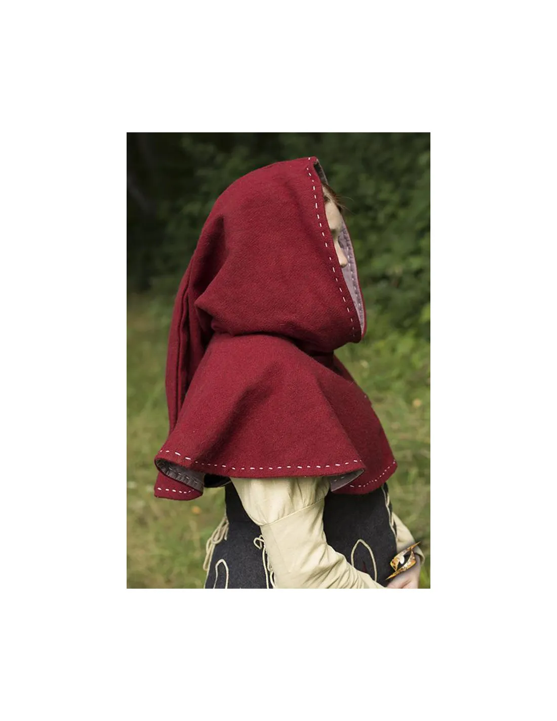 Capucha medieval con cubrehombros, color rojo oscuro