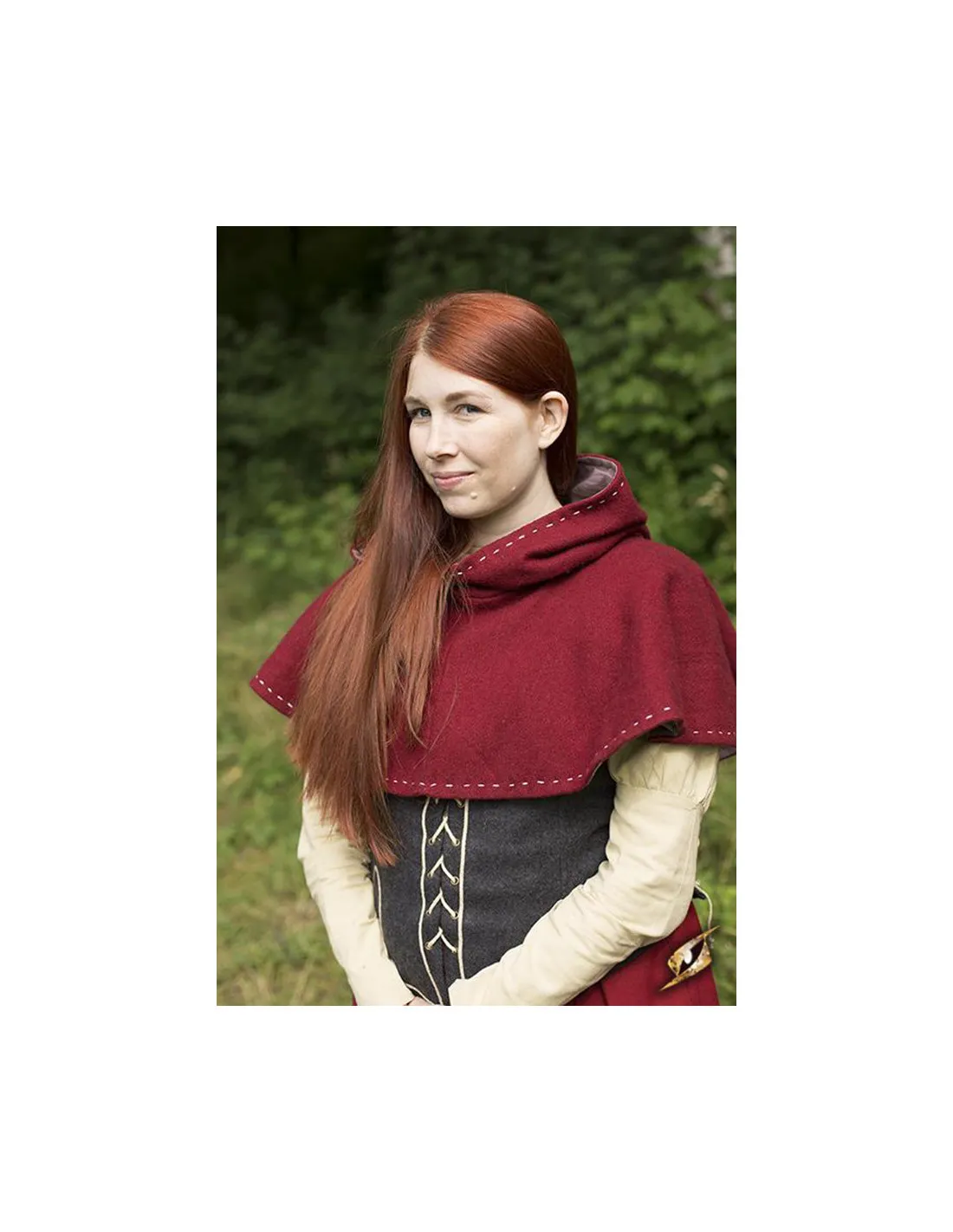 Capucha medieval con cubrehombros, color rojo oscuro