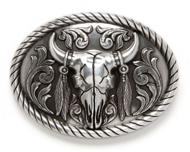 Hebilla metal plateado calavera de vaca con plumas