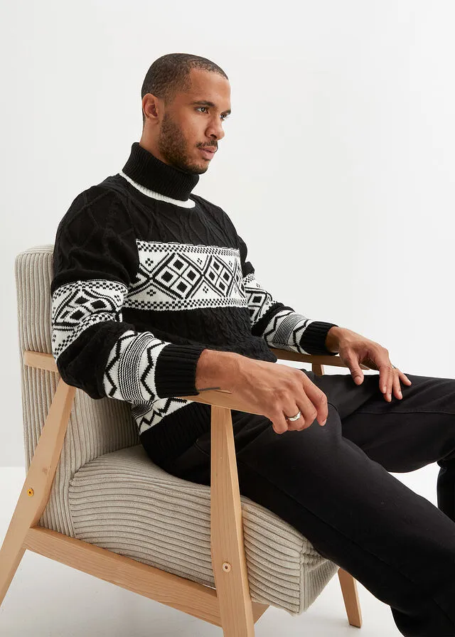 Jersey de cuello vuelto Negro con patrón nórdico