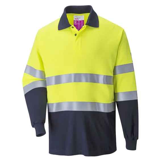 Polo bicolor de manga larga ignífugo y antiestático amarillo flúor PORTWEST FR74