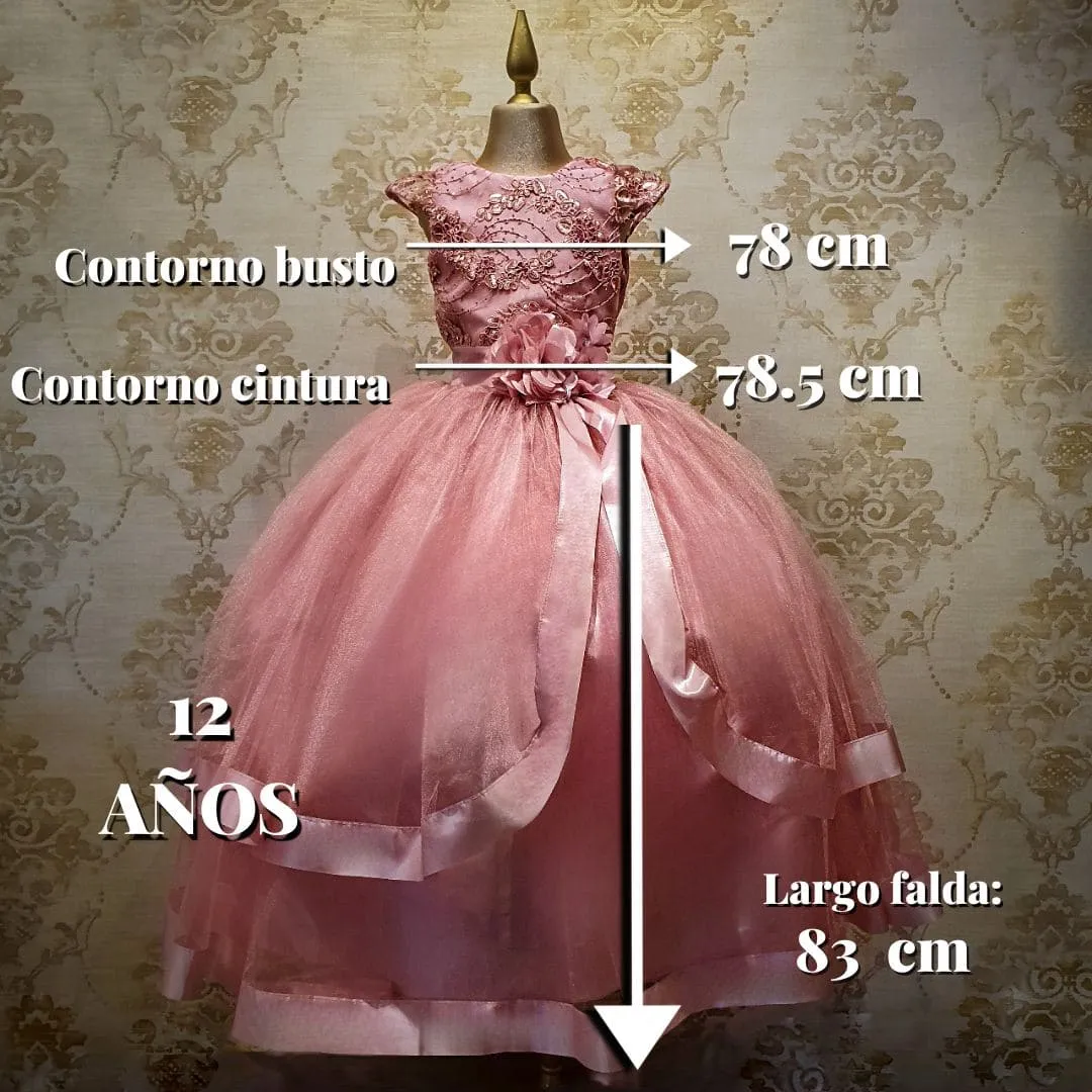 Vestido de Niña Fiesta Rosa Palo con Listón en Falda Talla 10 a 12 años