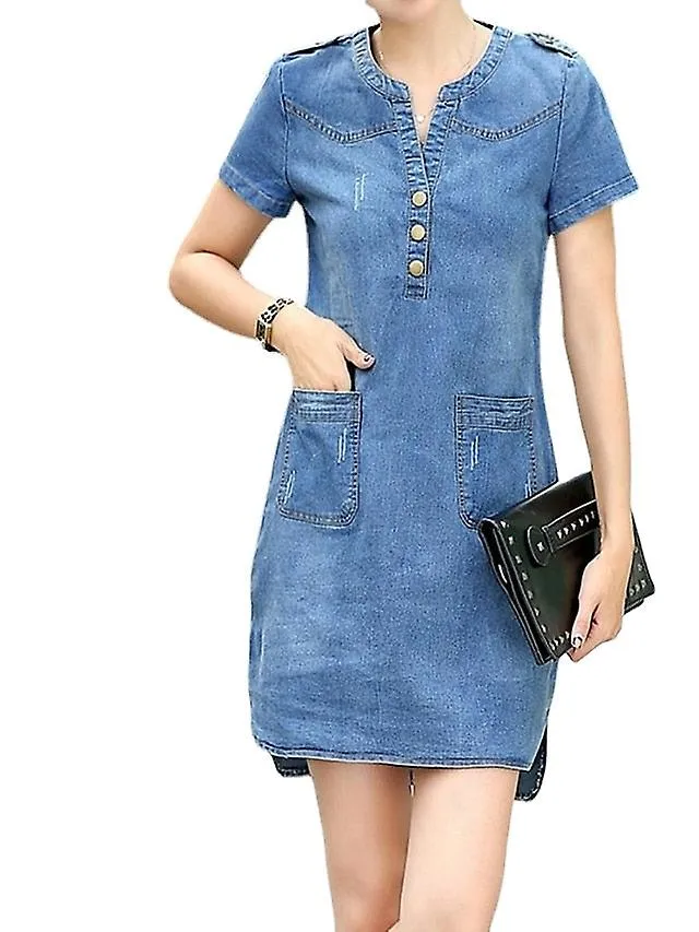 WOMEN'S DENIM MINI DRESS  V NECK, SHORT SLEEVE WITH POCKETS FOR SUMMER