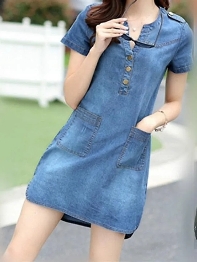 WOMEN'S DENIM MINI DRESS  V NECK, SHORT SLEEVE WITH POCKETS FOR SUMMER