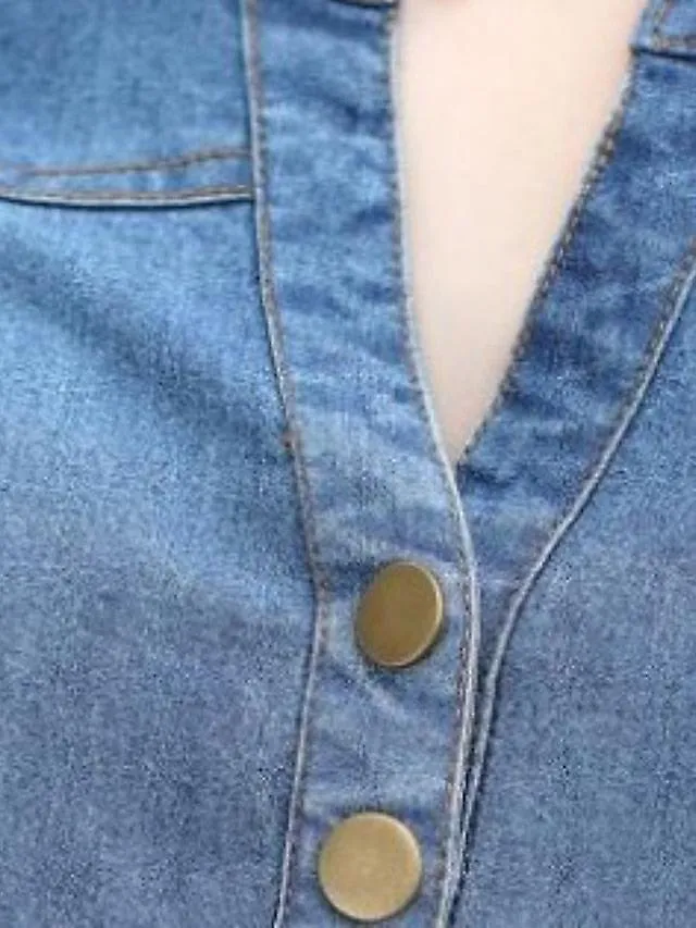 WOMEN'S DENIM MINI DRESS  V NECK, SHORT SLEEVE WITH POCKETS FOR SUMMER